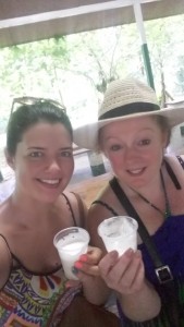 Emma and Noreen drinking rum provided by Chukka Adventures at the end of their tour