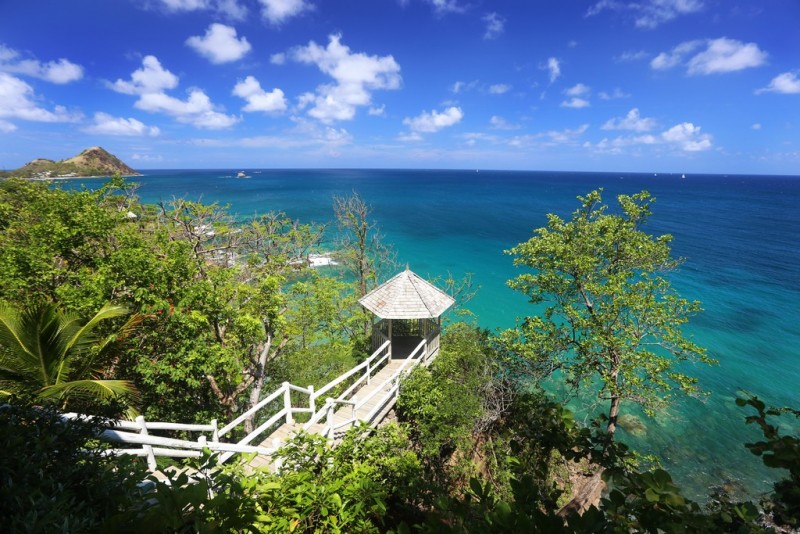 View of the Gazebo and expansive blue Caribbean Sea from Smuggler's Nest Villa in St Lucia