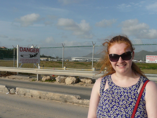 Niamh waiting for a jumbo to fly overhead at Maho Beach