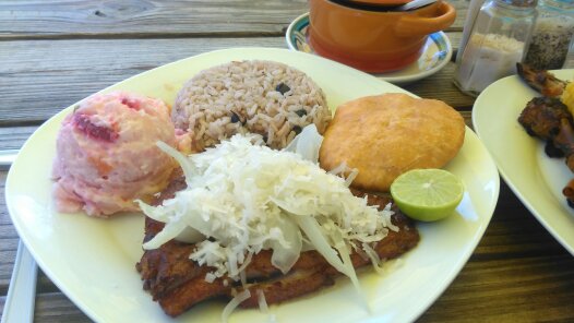 Tasty Nutriment; Heritage Kitchen Style! Fresh fish, barbecue ribs, dirty rice, corn on the cob and potato salad from The Heritage Kitchen