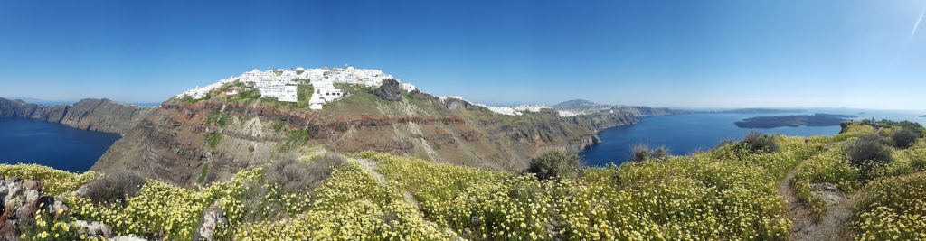 A panoramic view of the caldera at Santorini