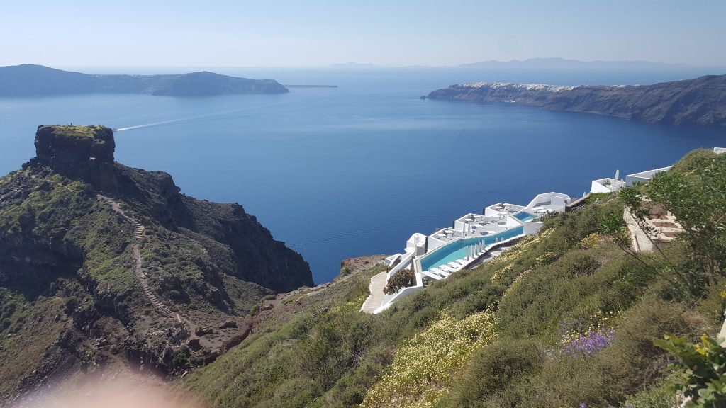 View across the caldera from above Skaros rock in santorini