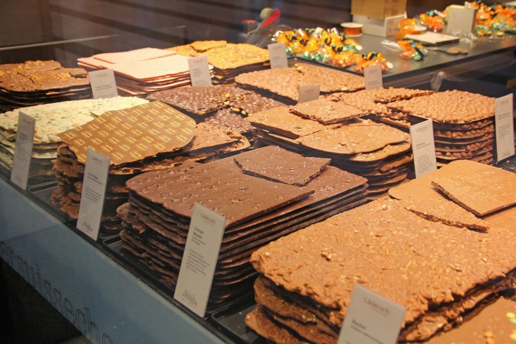 Neat stacks of chocolate at Laderach Chocolate Shop in Zermatt