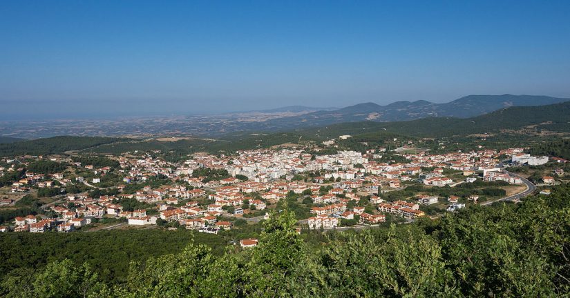 A view of the town of Polygyros and its surrounding landscape from an elevated position