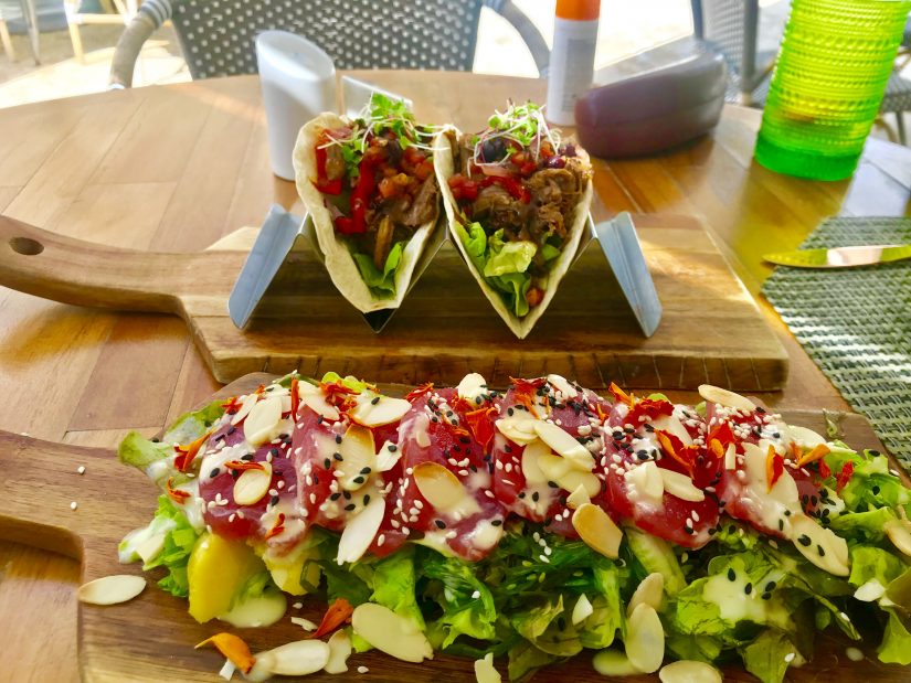 Seared tuna salad with coconut prawns and confit duck tacos at Treasure Beach Restaurant in Barbados
