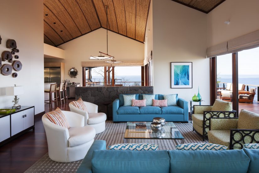 The living area at Casa de luna villa in costa rica. Opulent furnishings that allow you to luxuriate while being soothed by 180 degrees of Pacific ocean