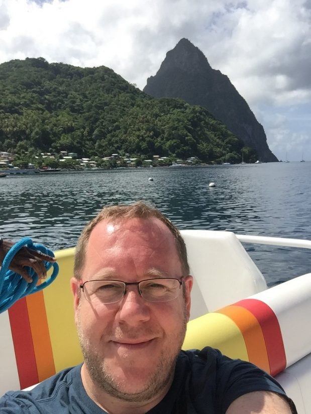 Paul on boat at Marigot Bay Resort in St Lucia