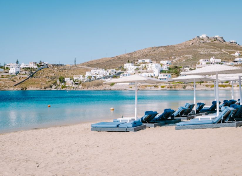 Sunbeds on Ornos Beach, Mykonos