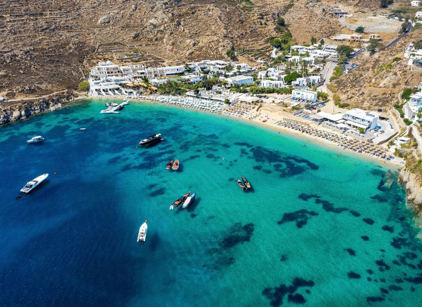 aerial view of the amazing Psarou beach, obe of the best beaches in Mykonos