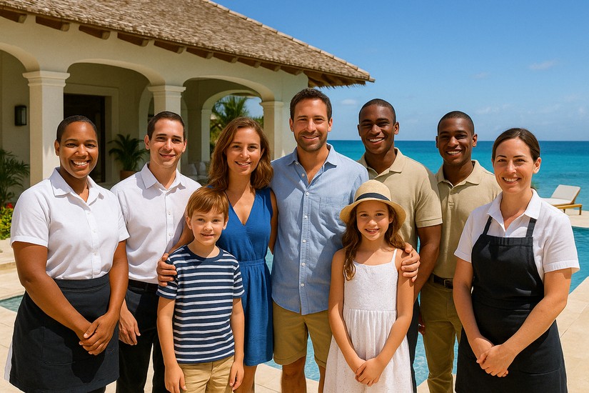 A family on vacation with the villa staff