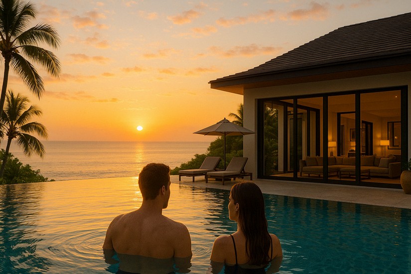 a couple watching the sunset from their private pool