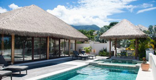 Palm thatched luxury villas by a deep turquoise pool in Nevis