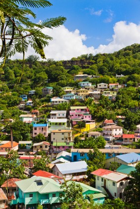 The colorful villas of Castries in St Lucia cling to the hillside