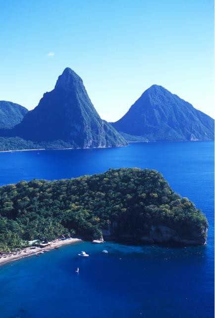 View of the Pitons and beach in St Lucia