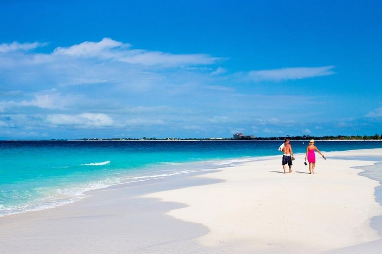 Big white sandy beach at grace bay with couple walking along it.