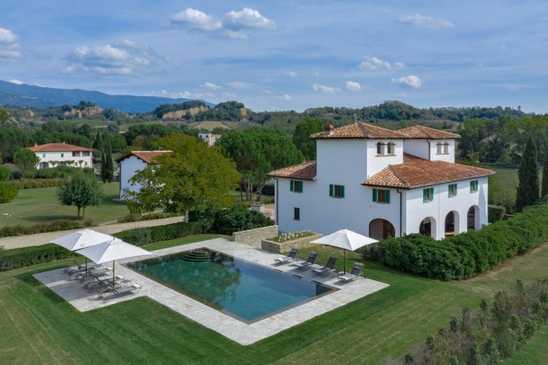 View of villa Astra, the pool area and gardens. Tuscany, Ita