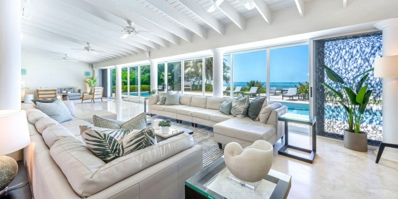 Sitting area with pool view at Villa Mora, Cayman