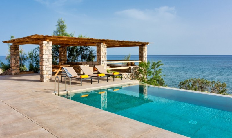 View of pool with sea in the background