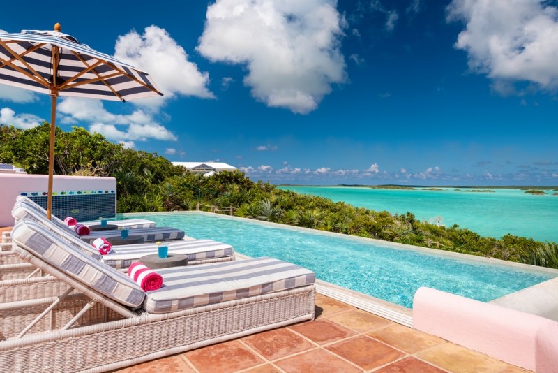 View of pool with sea in the background
