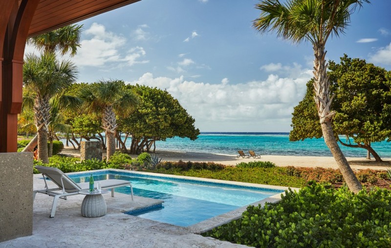 The pool and view from Cheemaun Villa at Oil Nut Bay Resort
