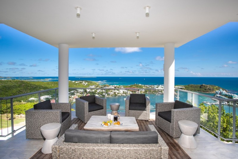 view of deck with sea in the background