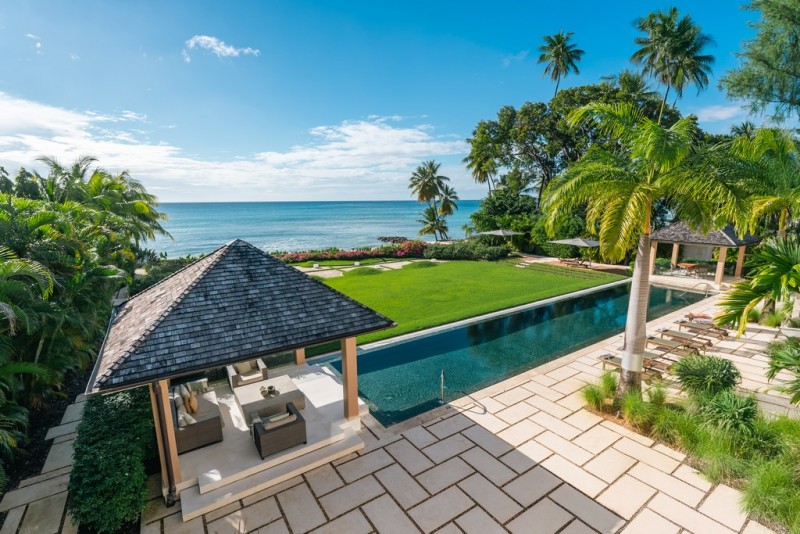 View of pool with sea in the background