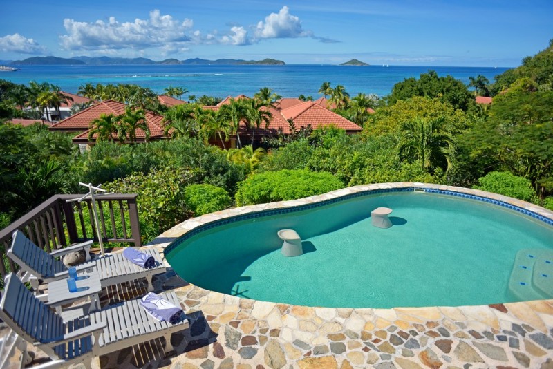 View of pool with sea in the background